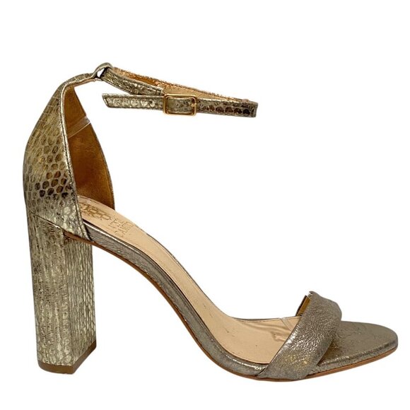 Vince Camuto MAIRANA Snakeskin Ankle Strap Heels in Metallic Gold Size 7 1/2 - Picture 1 of 8